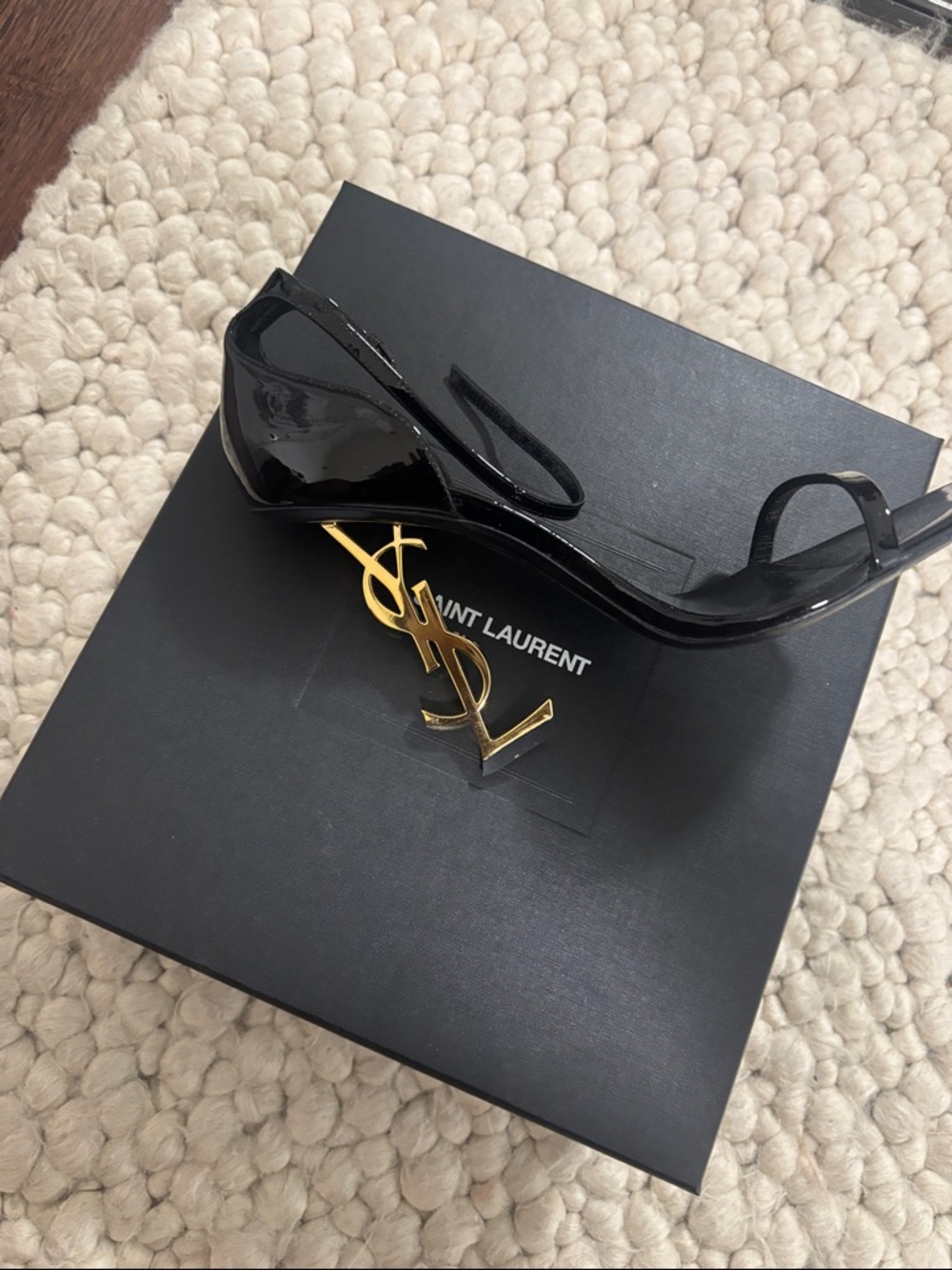Saint Laurent Black Patent Sandals with Gold YSL Monogram Heel
